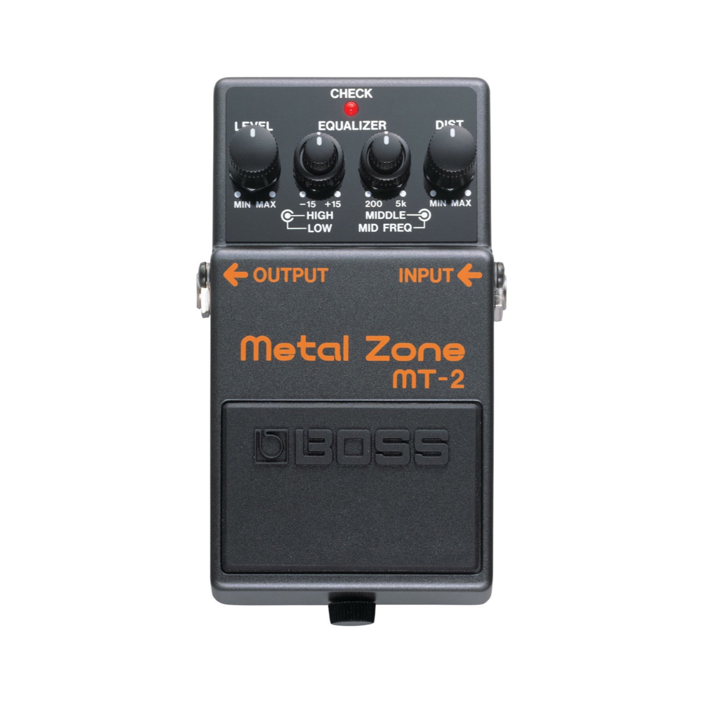 Boss MT-2 Metal Zone pedal, black enclosure with DIST, MID FREQ, HIGH/LOW, and LEVEL knobs