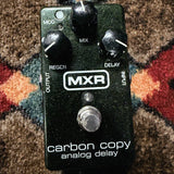 MXR M169 Carbon Copy Analog Delay, dark green sparkle: top with the Mix, Regen and Delay knobs, the Mod button, the footswitch and light scratches by the MXR logo