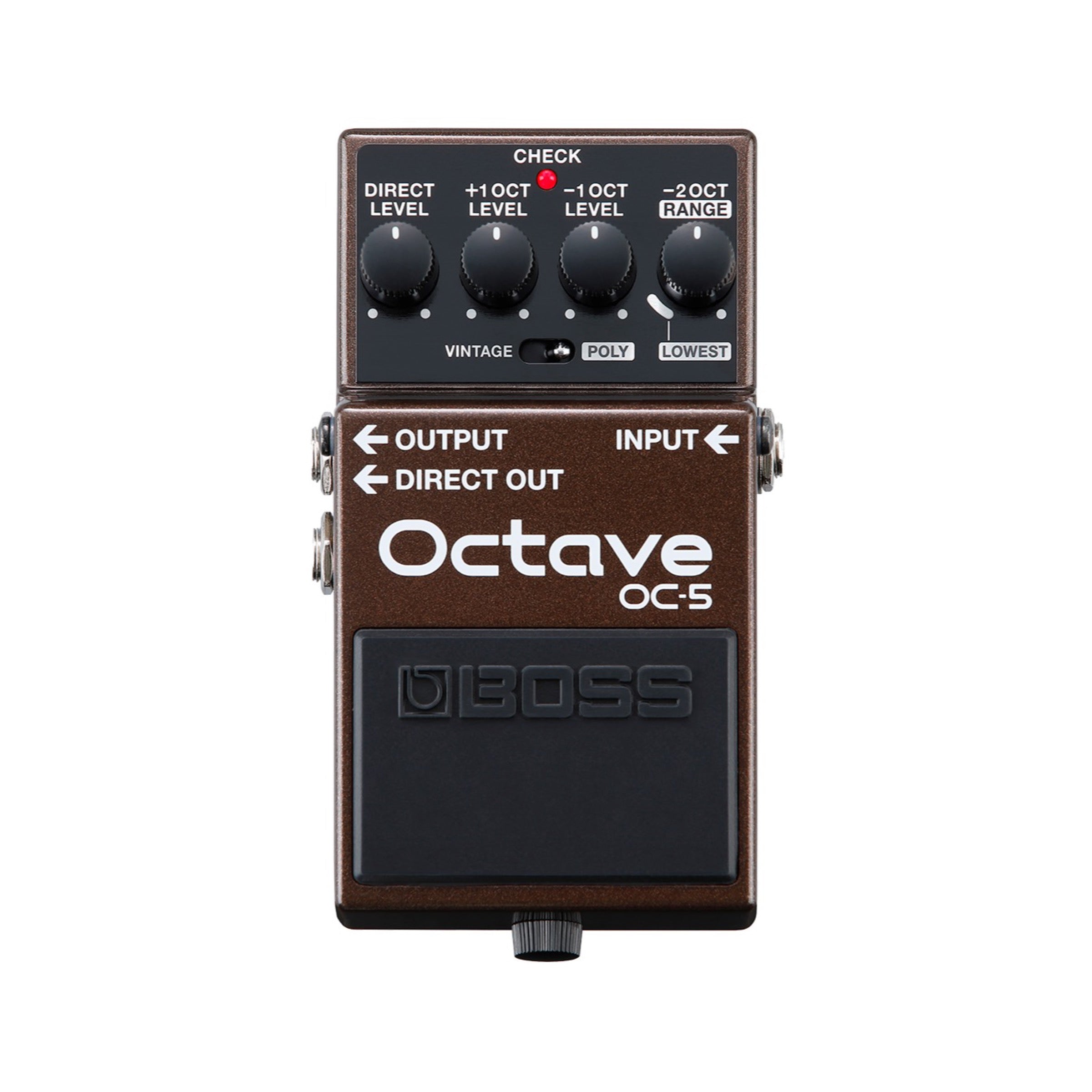 Boss OC-5 Octave pedal, enclosure with GUITAR/BASS switch, VINTAGE/POLY switch, DIRECT LEVEL knob, +1OCT knob, -1OCT knob, and -2OCT/RANGE knob.