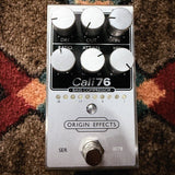 Origin Effects Cali76 Bass Compressor, silver: top with the Dry, Out, In, Ratio, Att/Rel and HPF knobs, the 10-LED meter, serial 0078 and the footswitch