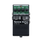Boss RE-2 Space Echo pedal, black enclosure with MODE, REPEAT RATE, WOW & FLUTTER, INTENSITY, TONE, ECHO, and REVERB knobs