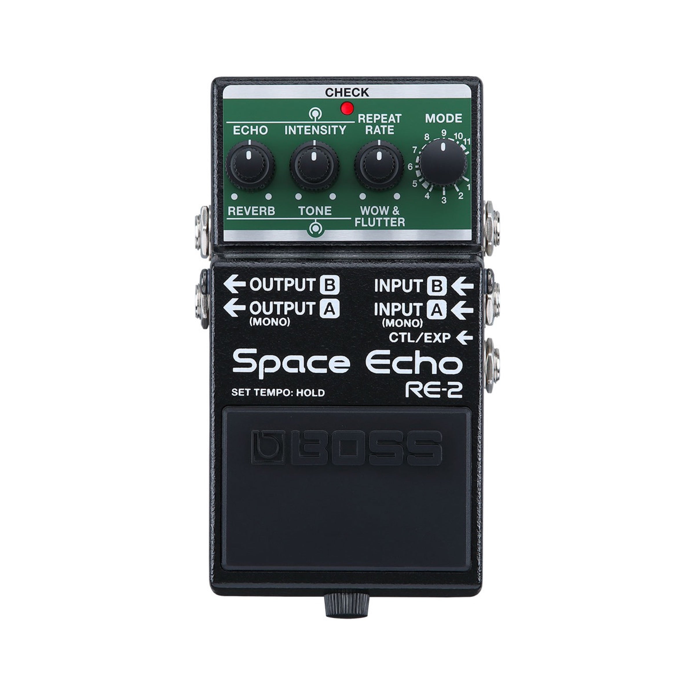 Boss RE-2 Space Echo pedal, black enclosure with MODE, REPEAT RATE, WOW & FLUTTER, INTENSITY, TONE, ECHO, and REVERB knobs