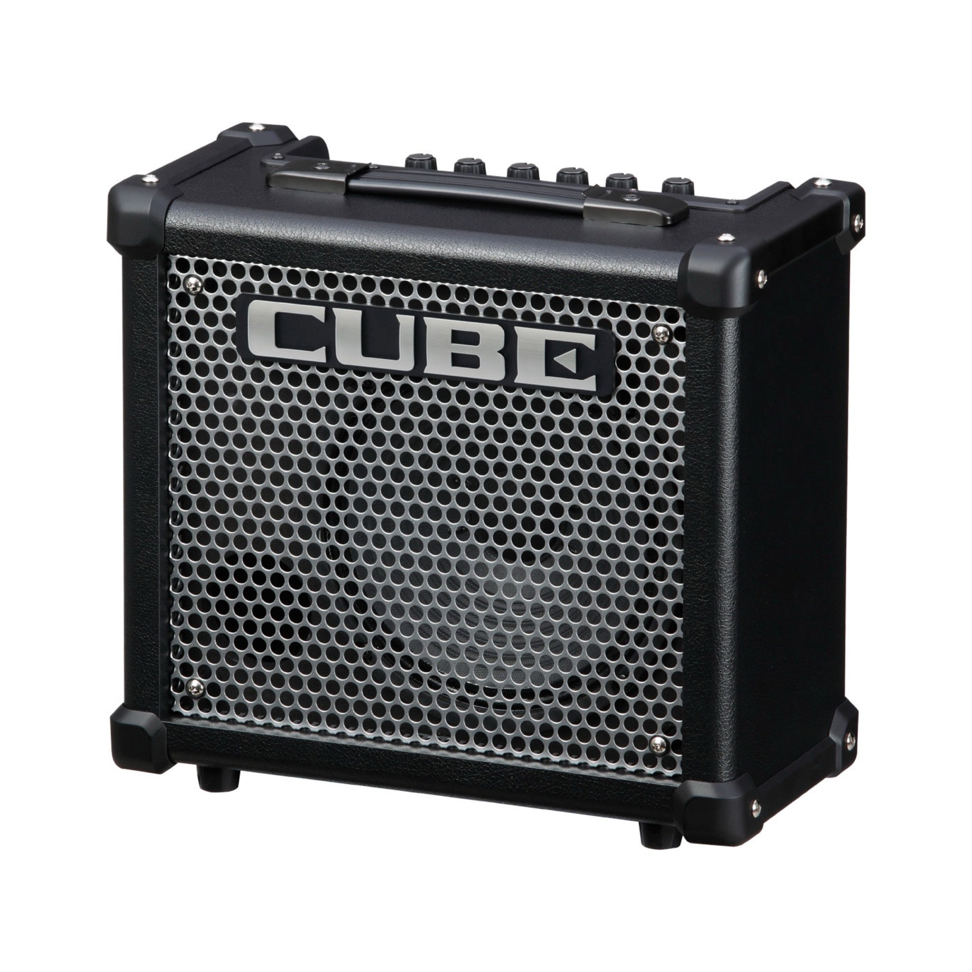 Roland CUBE-10GX combo amp from the front right, black cabinet with corner protectors and the top-mounted knobs