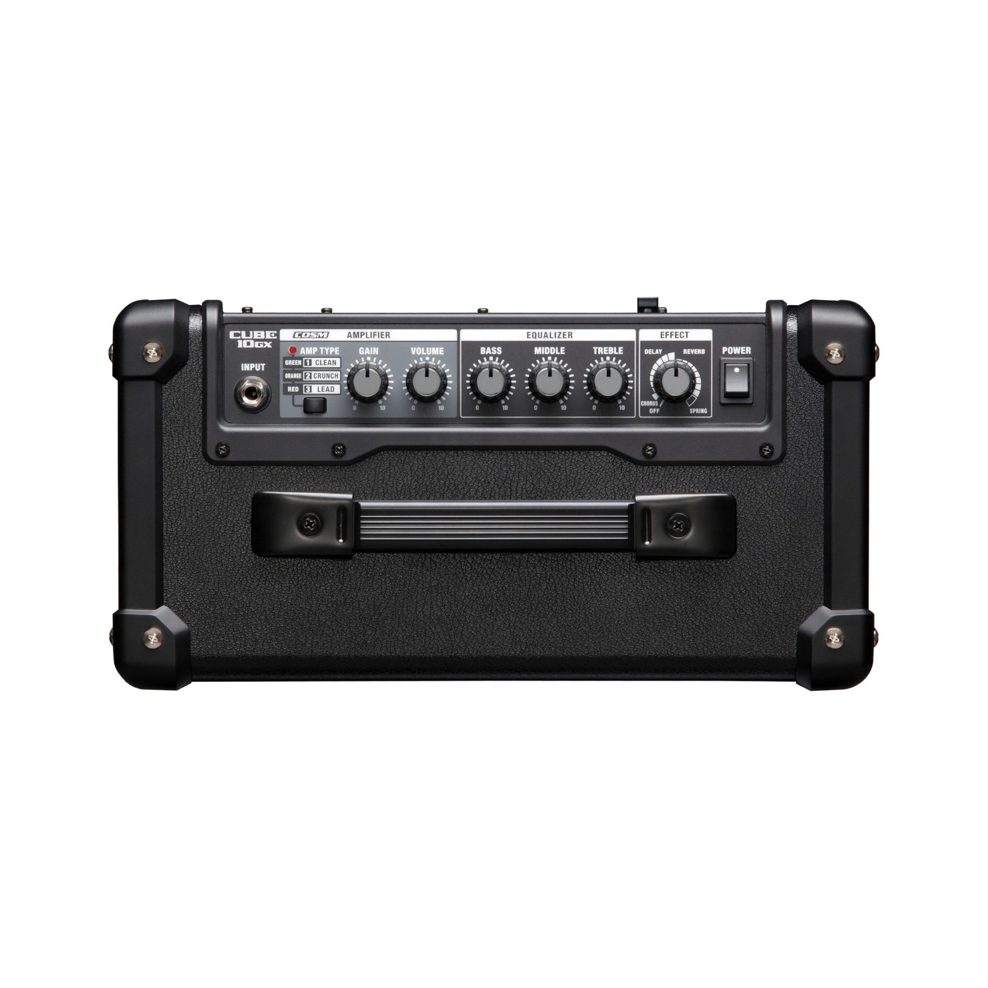 Roland CUBE-10GX top control panel with the amp type button, gain, volume, three-band EQ, effect knob and power switch