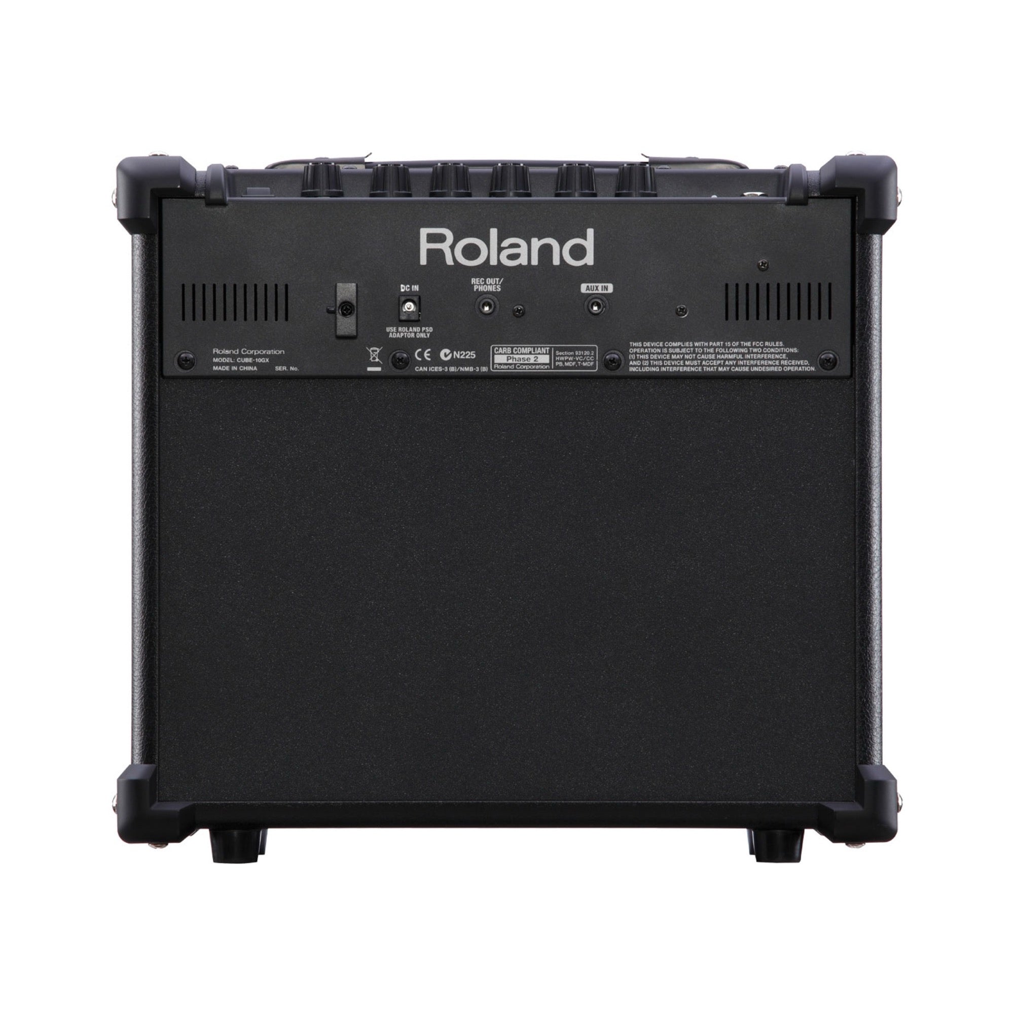 Roland CUBE-10GX rear panel with the Roland logo, DC in, Rec Out/Phones and Aux In jacks