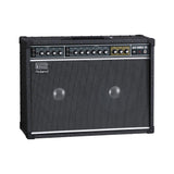 Roland JC-120 Jazz Chorus 2x12 combo amp from the front right, black cabinet with studded edges and the Roland logo on the grille
