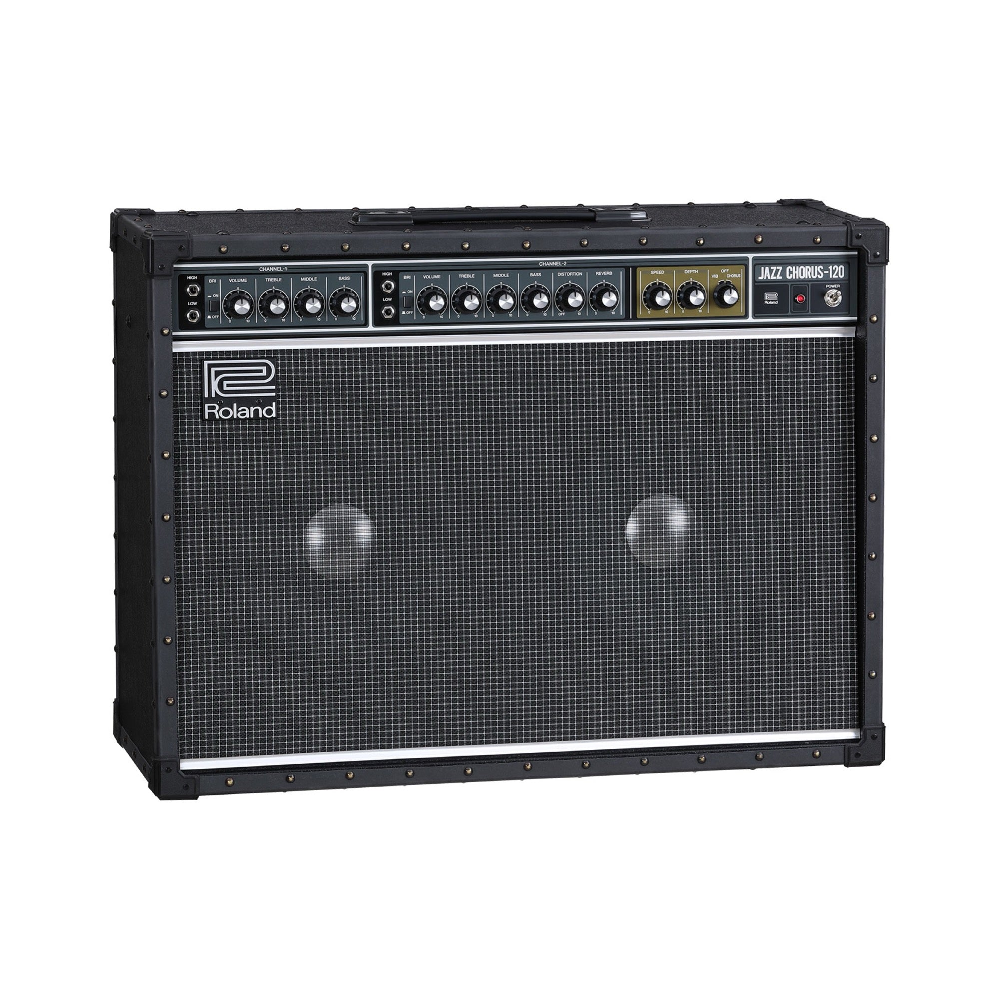 Roland JC-120 Jazz Chorus 2x12 combo amp from the front right, black cabinet with studded edges and the Roland logo on the grille