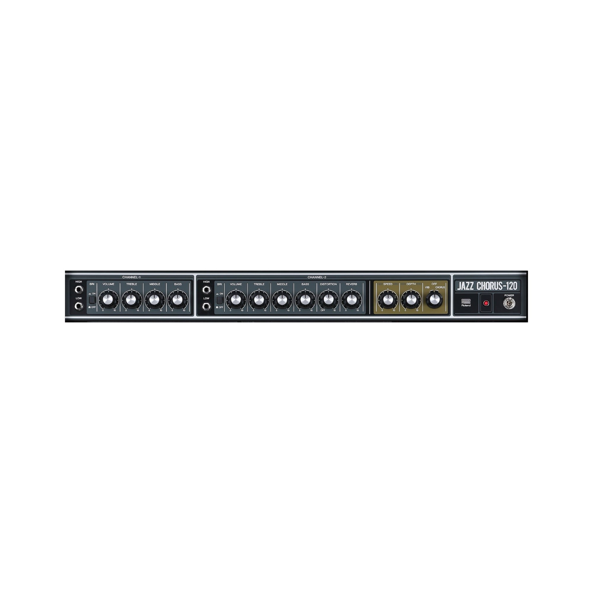 Roland JC-120 Jazz Chorus front control panel with the two channels and the chorus and vibrato section