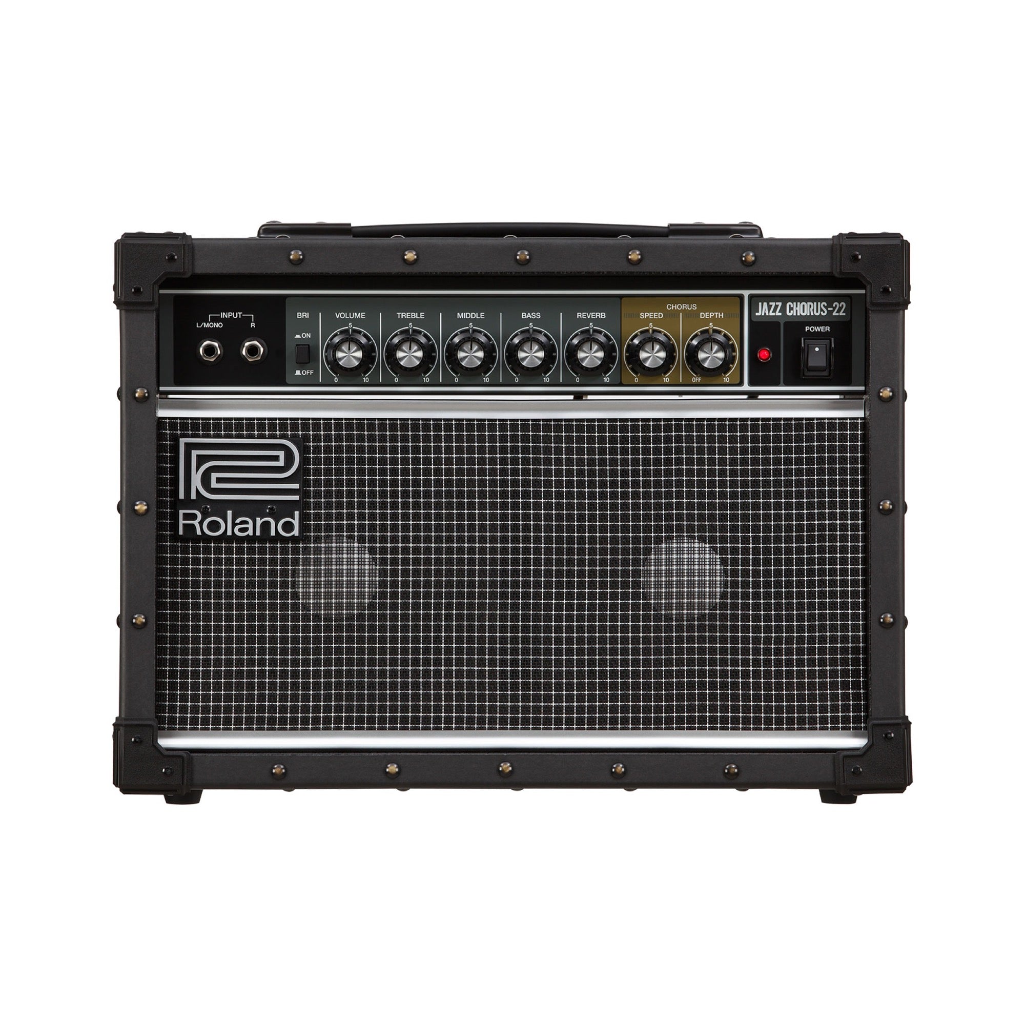 Roland JC-22 Jazz Chorus combo amp, front view with the control panel and Roland logo grille
