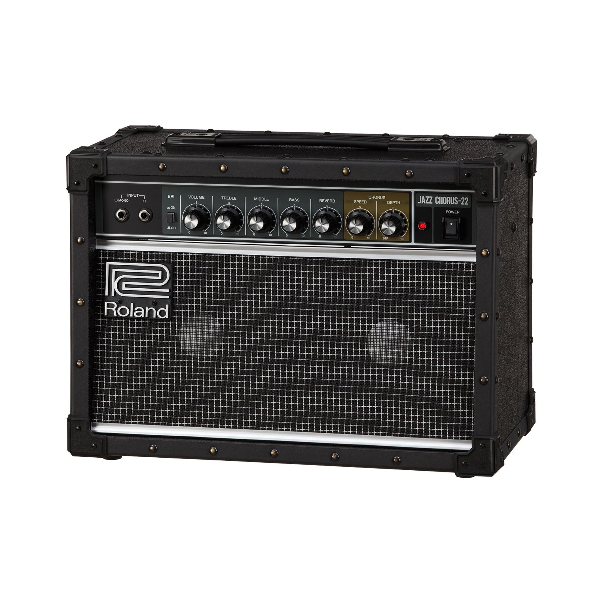 Roland JC-22 Jazz Chorus combo amp from the left front angle, black cabinet with carry handle