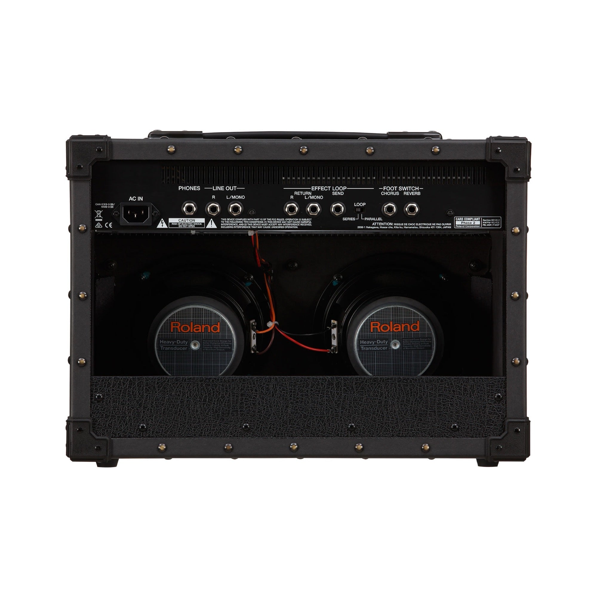 Roland JC-22 Jazz Chorus open back showing the two 6.5-inch speakers and the rear jacks for line out, effects loop and footswitches