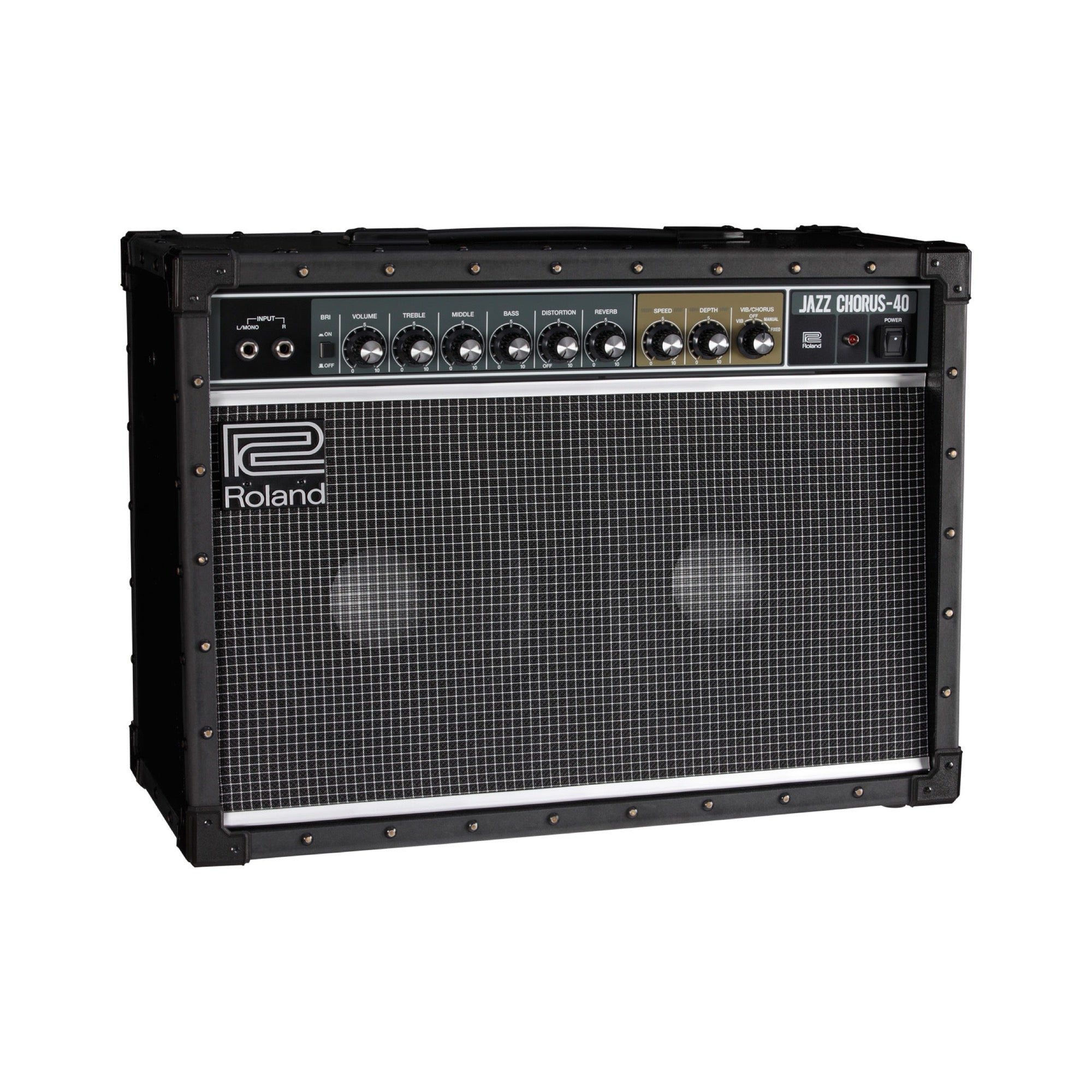 Roland JC-40 Jazz Chorus combo amp from the left front angle, black vinyl cabinet with corner protectors