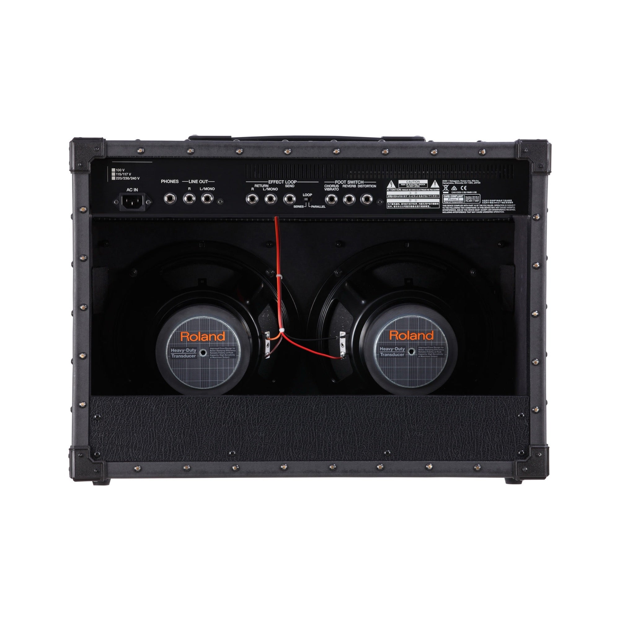 Roland JC-40 Jazz Chorus open back showing the two 10-inch speakers and the rear jacks for line out, effects loop and footswitches