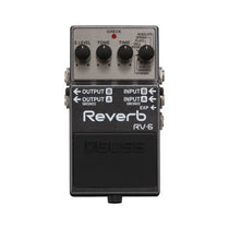 Boss RV-6 Reverb pedal, compact enclosure with E.LEVEL, TONE, TIME, and MODE knobs.