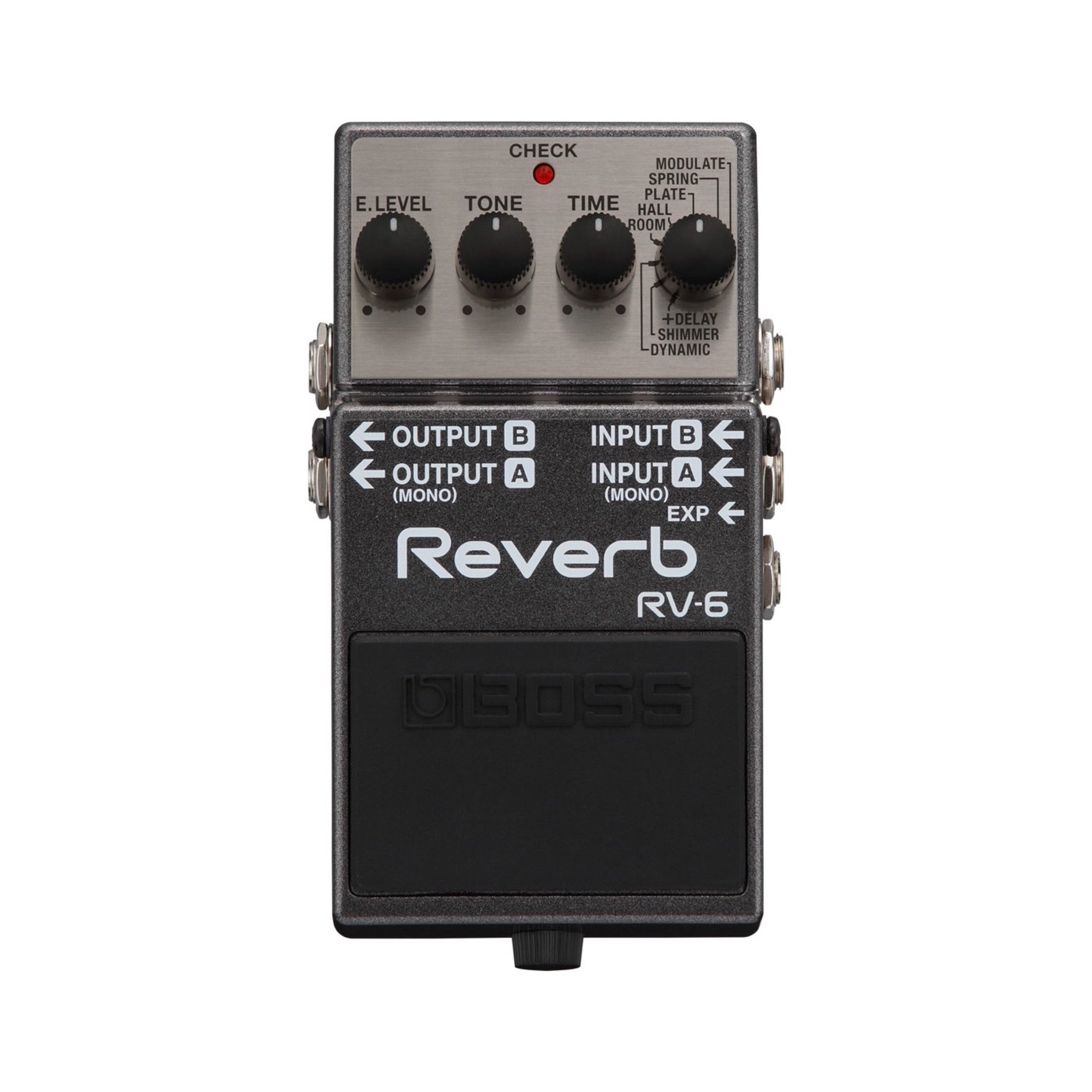 Boss RV-6 Reverb pedal, compact enclosure with E.LEVEL, TONE, TIME, and MODE knobs.