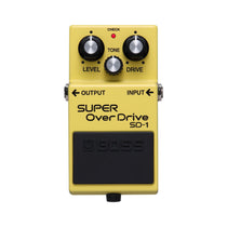 Boss SD-1 pedal, gray enclosure with DRIVE, TONE, and LEVEL knobs