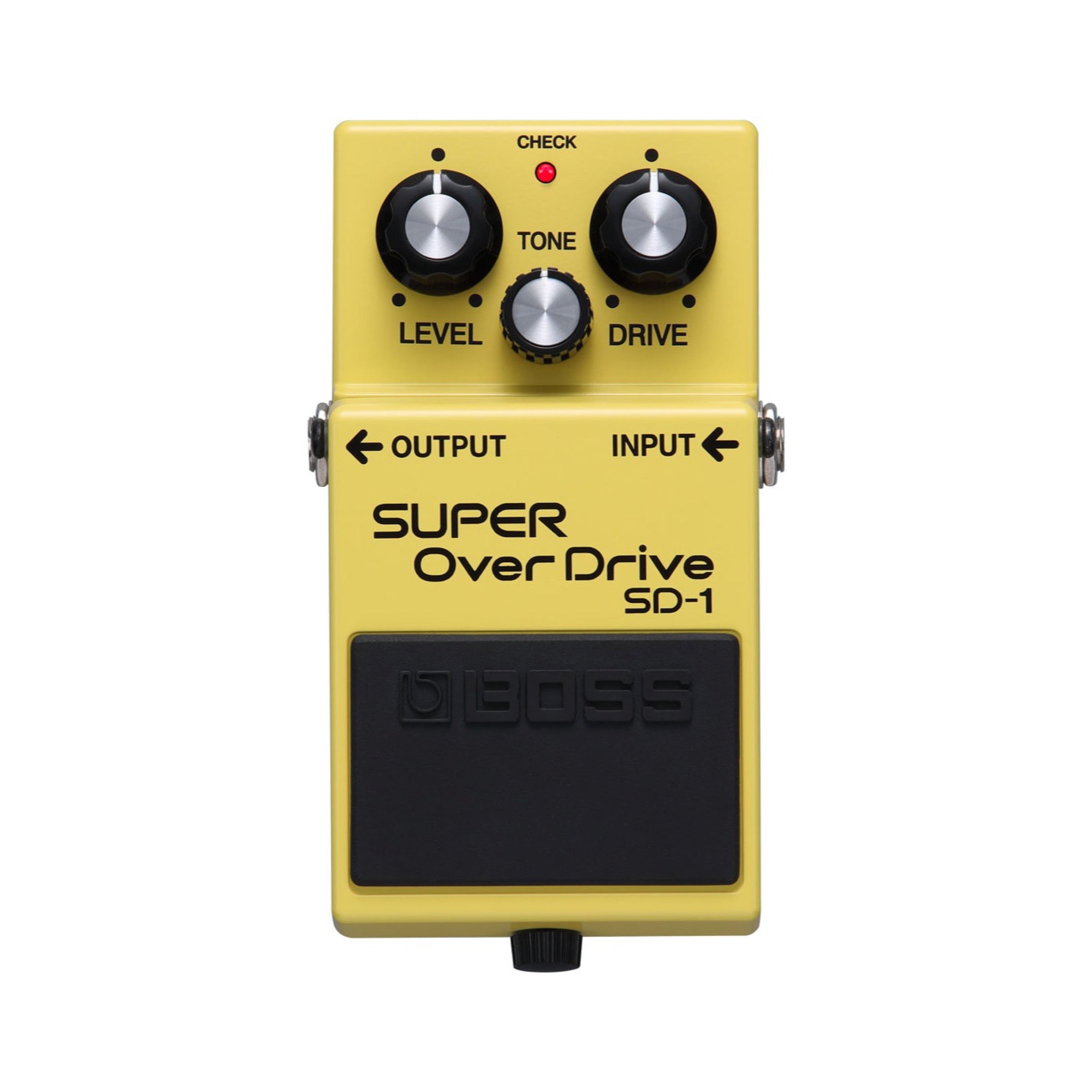 Boss SD-1 pedal, gray enclosure with DRIVE, TONE, and LEVEL knobs