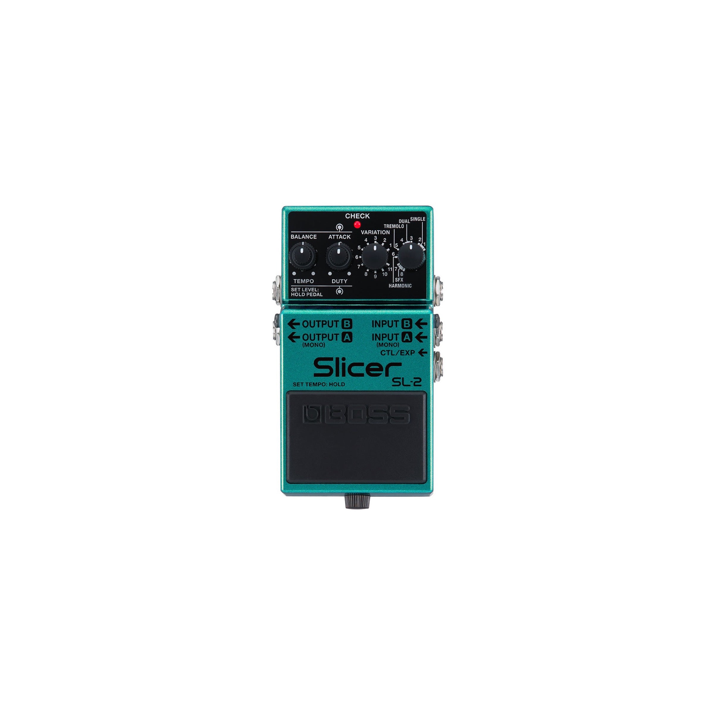 Boss SL-2 Slicer pedal, metal enclosure with TYPE, VARIATION, ATTACK, DUTY, TEMPO, and BALANCE knobs.