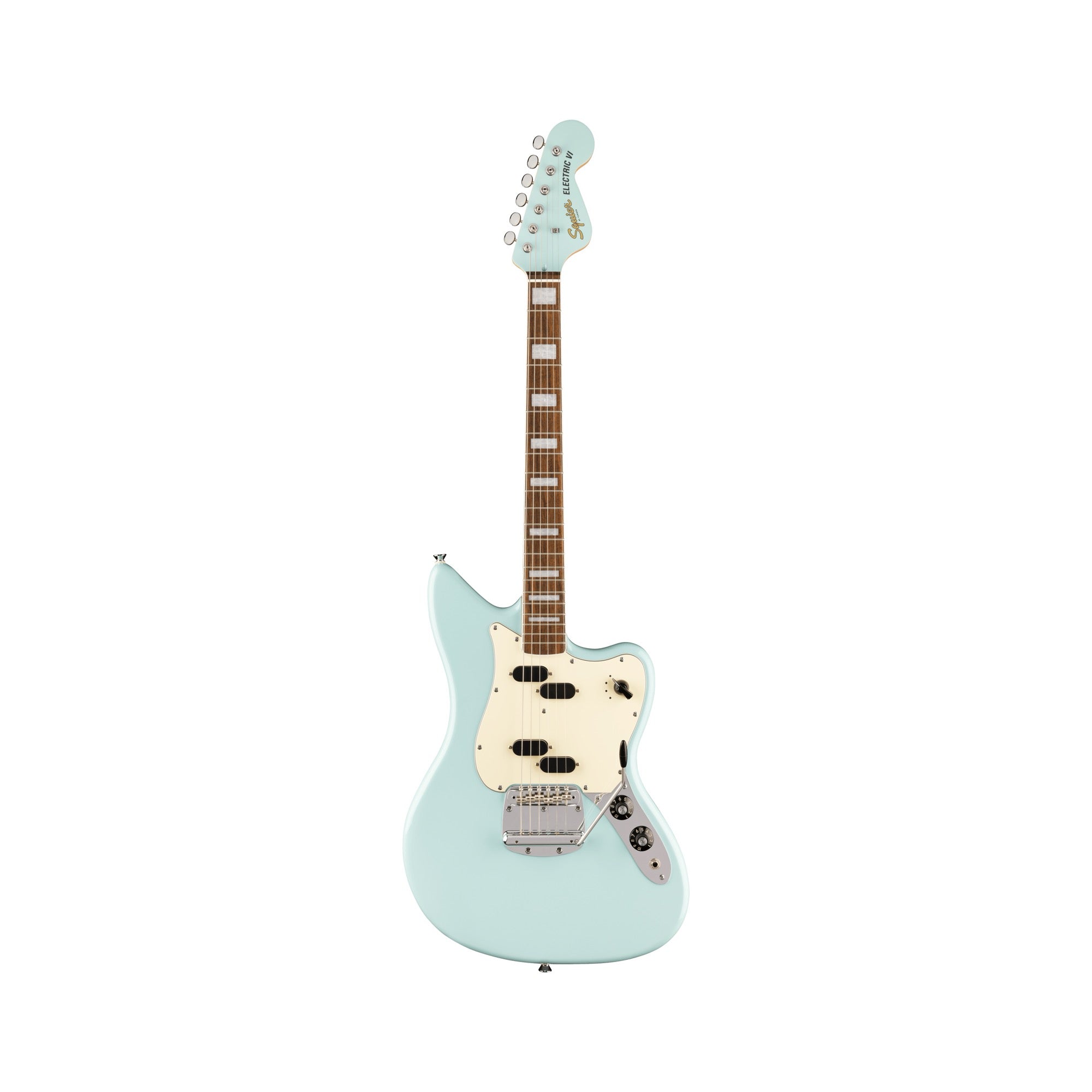 Squier Paranormal Electric VI, Daphne Blue: front view, full instrument