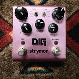 Strymon DIG Dual Digital Delay V1, lavender: top with the Time, Mix, Time 2, Repeats and Mix 2 knobs, the Mod and Type switches and the Tap and Bypass footswitches