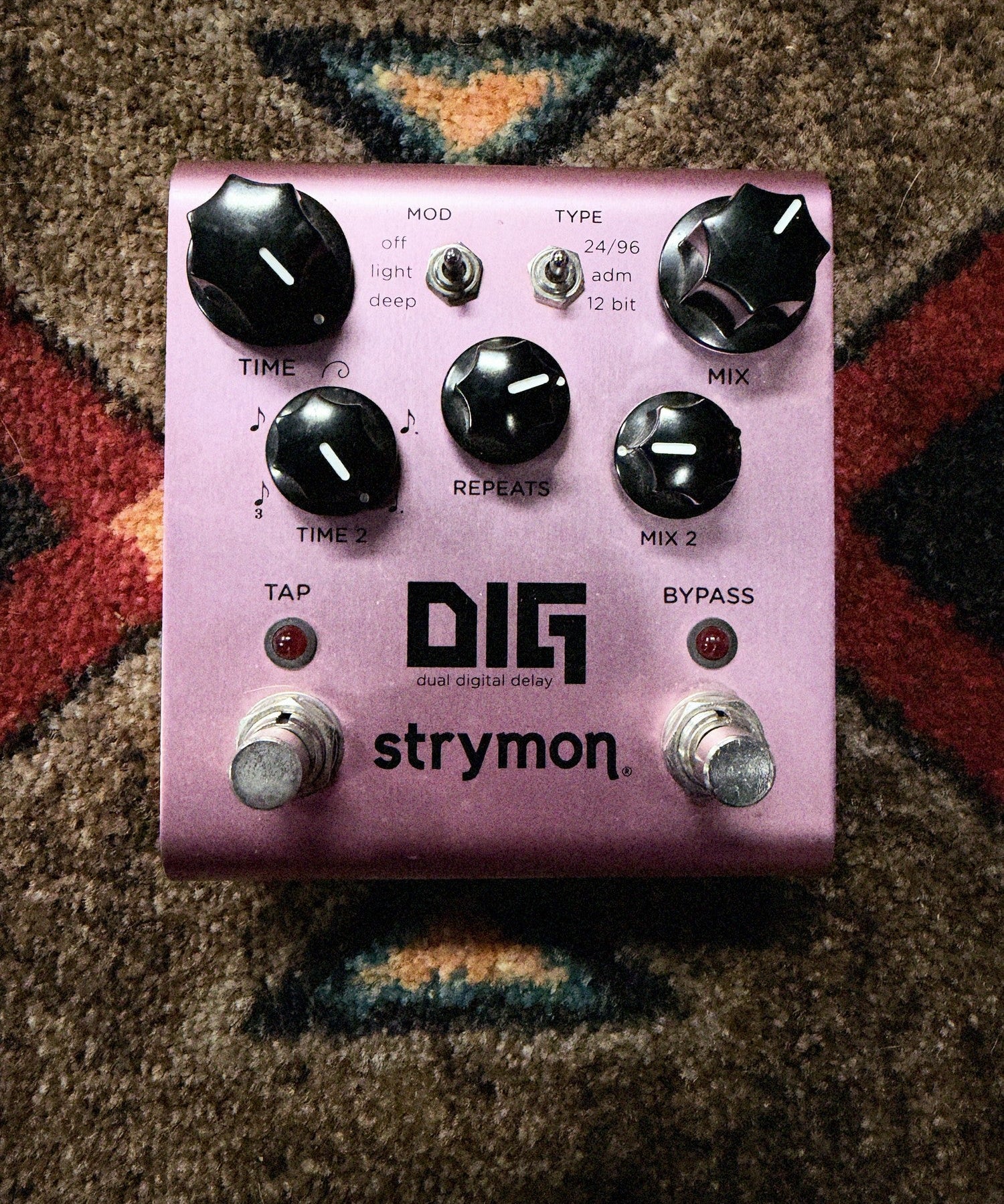 Strymon DIG Dual Digital Delay V1, lavender: top with the Time, Mix, Time 2, Repeats and Mix 2 knobs, the Mod and Type switches and the Tap and Bypass footswitches
