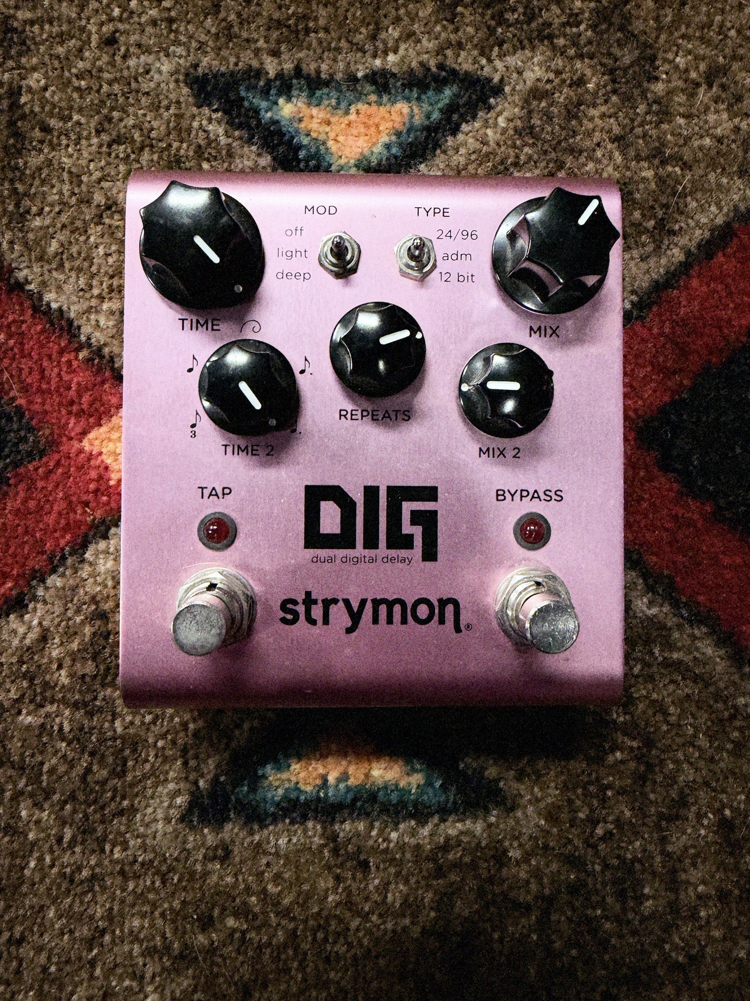 Strymon DIG Dual Digital Delay V1, lavender: top with the Time, Mix, Time 2, Repeats and Mix 2 knobs, the Mod and Type switches and the Tap and Bypass footswitches