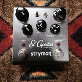Strymon El Capistan dTape Echo V1, gunmetal gray: top with the Time, Mix, Repeats, Tape Age and Wow & Flutter knobs, the Tape Head and Mode switches and the Tap and Bypass footswitches