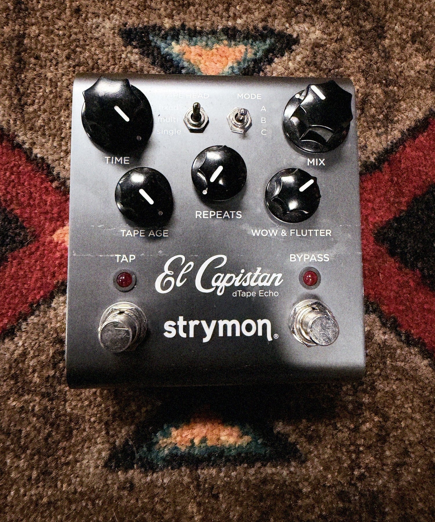 Strymon El Capistan dTape Echo V1, gunmetal gray: top with the Time, Mix, Repeats, Tape Age and Wow & Flutter knobs, the Tape Head and Mode switches and the Tap and Bypass footswitches