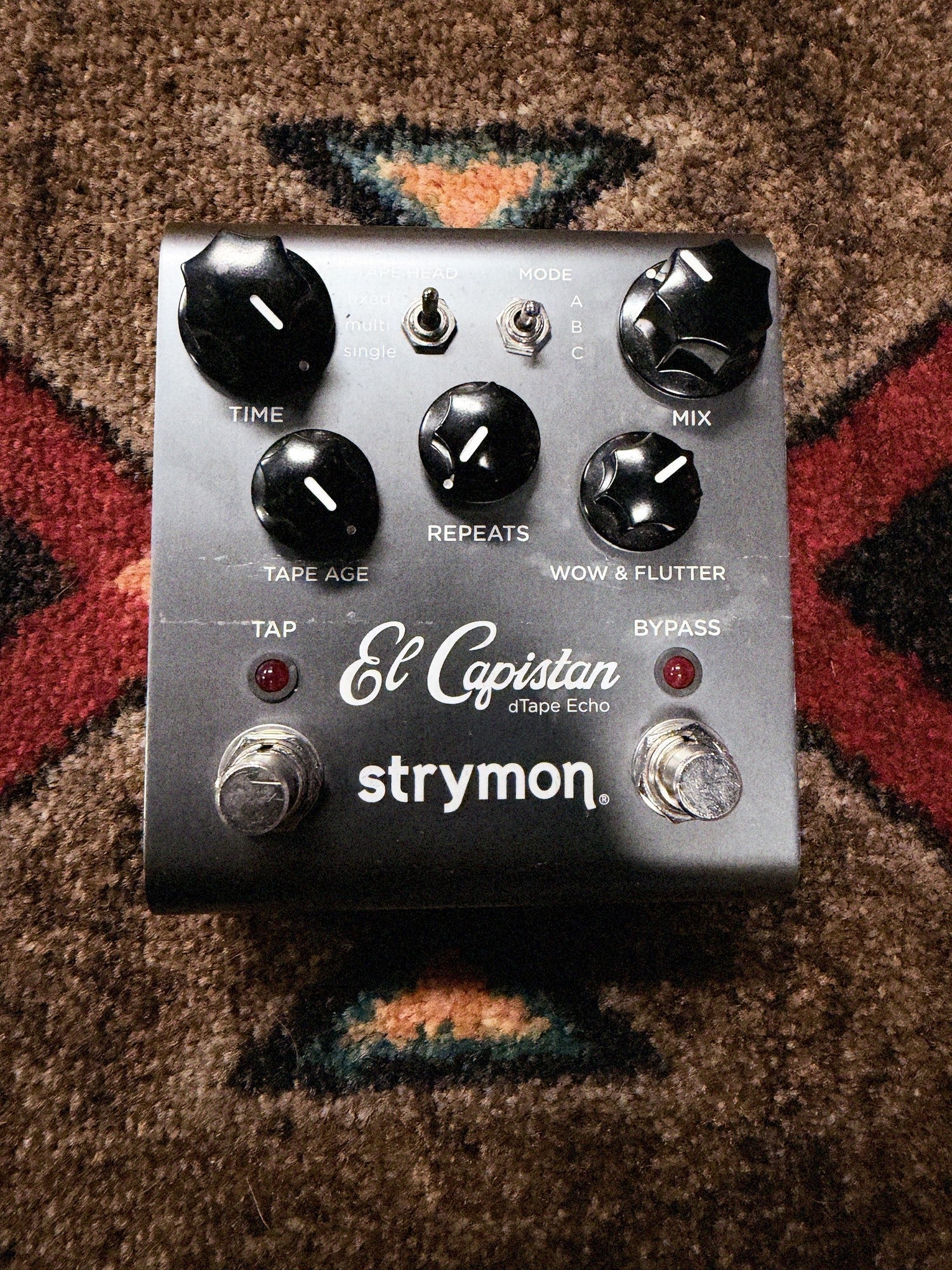 Strymon El Capistan dTape Echo V1, gunmetal gray: top with the Time, Mix, Repeats, Tape Age and Wow & Flutter knobs, the Tape Head and Mode switches and the Tap and Bypass footswitches