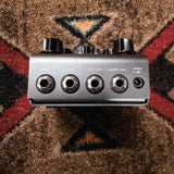 Strymon El Capistan dTape Echo V1, gunmetal gray: back end with the Input, EXP, Left Out and Right Out jacks and the 9VDC power jack