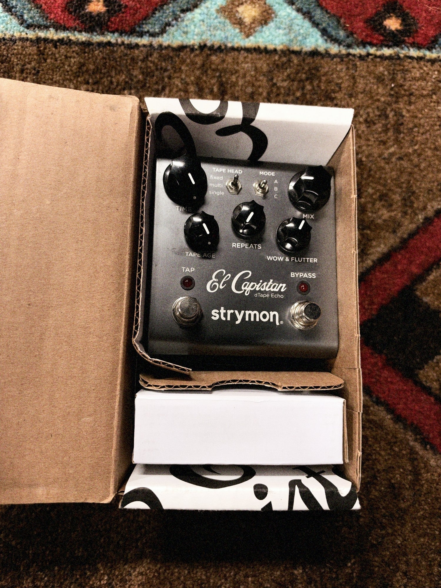Strymon El Capistan dTape Echo V1, gunmetal gray: the pedal sitting in its original box