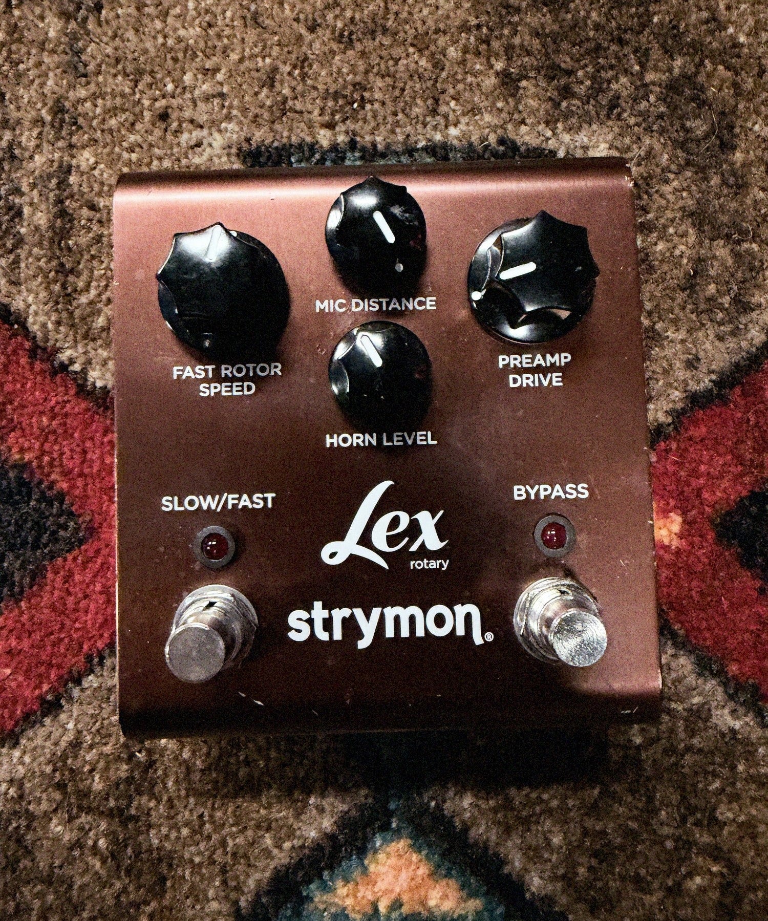 Strymon Lex Rotary V1, copper: top with the Fast Rotor Speed, Mic Distance, Horn Level and Preamp Drive knobs and the Slow/Fast and Bypass footswitches