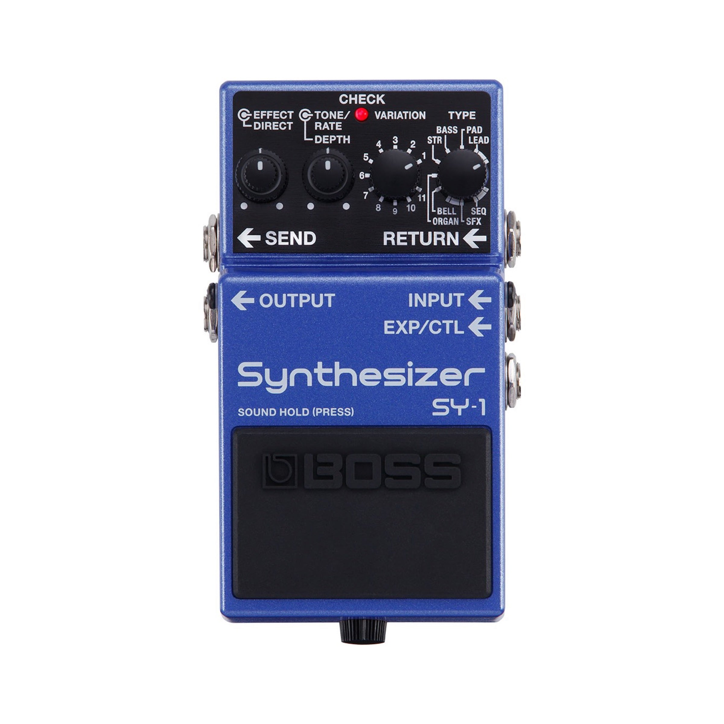 Boss SY-1 Synthesizer pedal, compact enclosure with TYPE, VARIATION, TONE, DEPTH, EFFECT, and DIRECT knobs