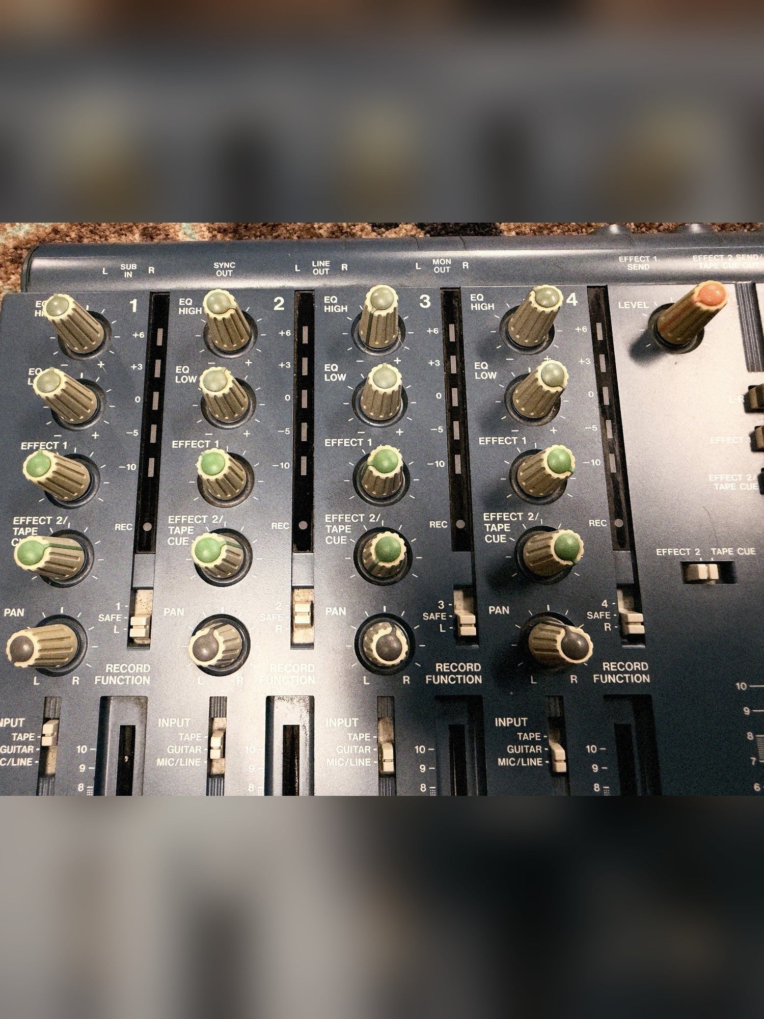 Tascam Portastudio 414 MKII, blue: channel strip knobs, EQ and effect sends