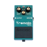 Boss TR-2 Tremolo pedal, black enclosure with DEPTH, RATE, and WAVE knobs