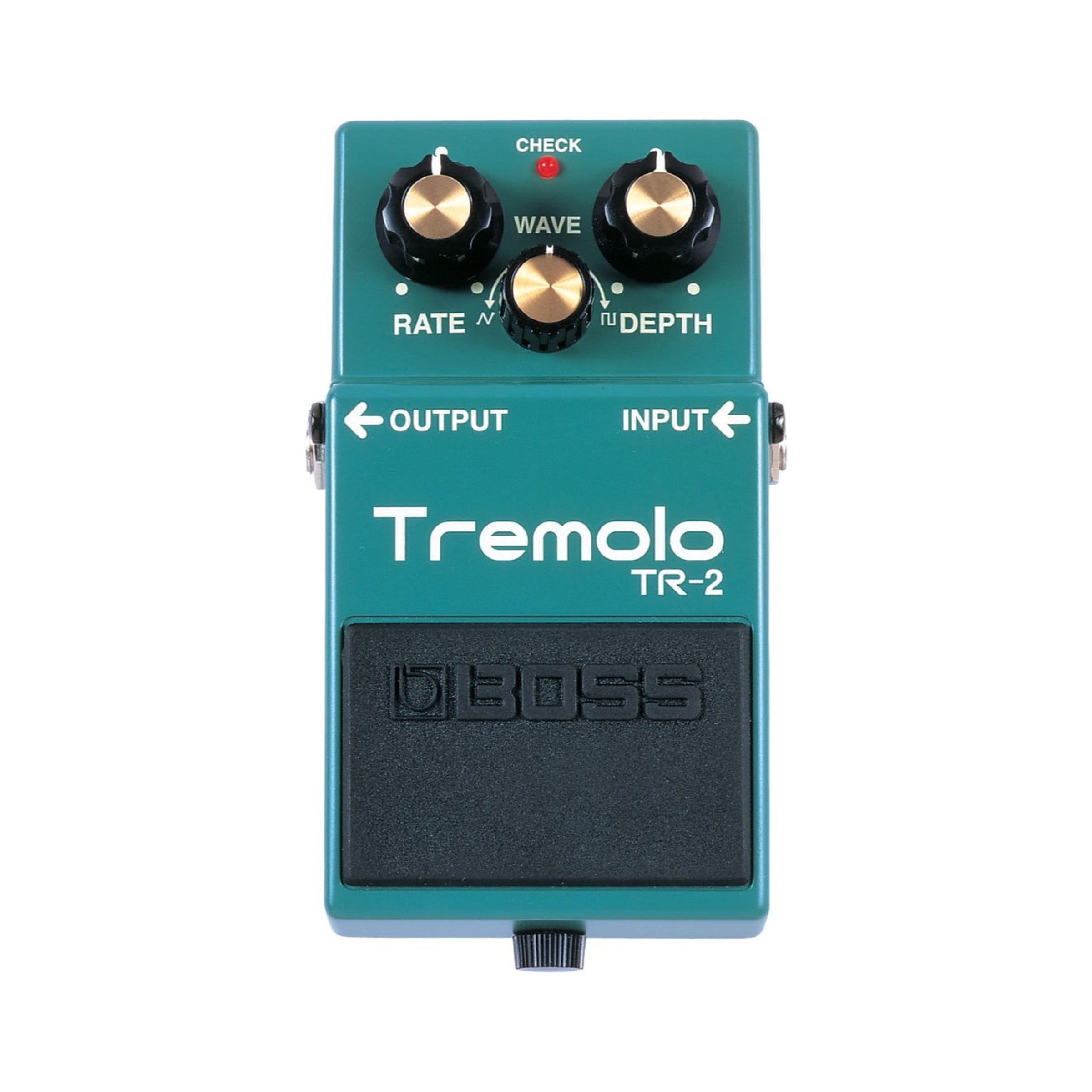 Boss TR-2 Tremolo pedal, black enclosure with DEPTH, RATE, and WAVE knobs