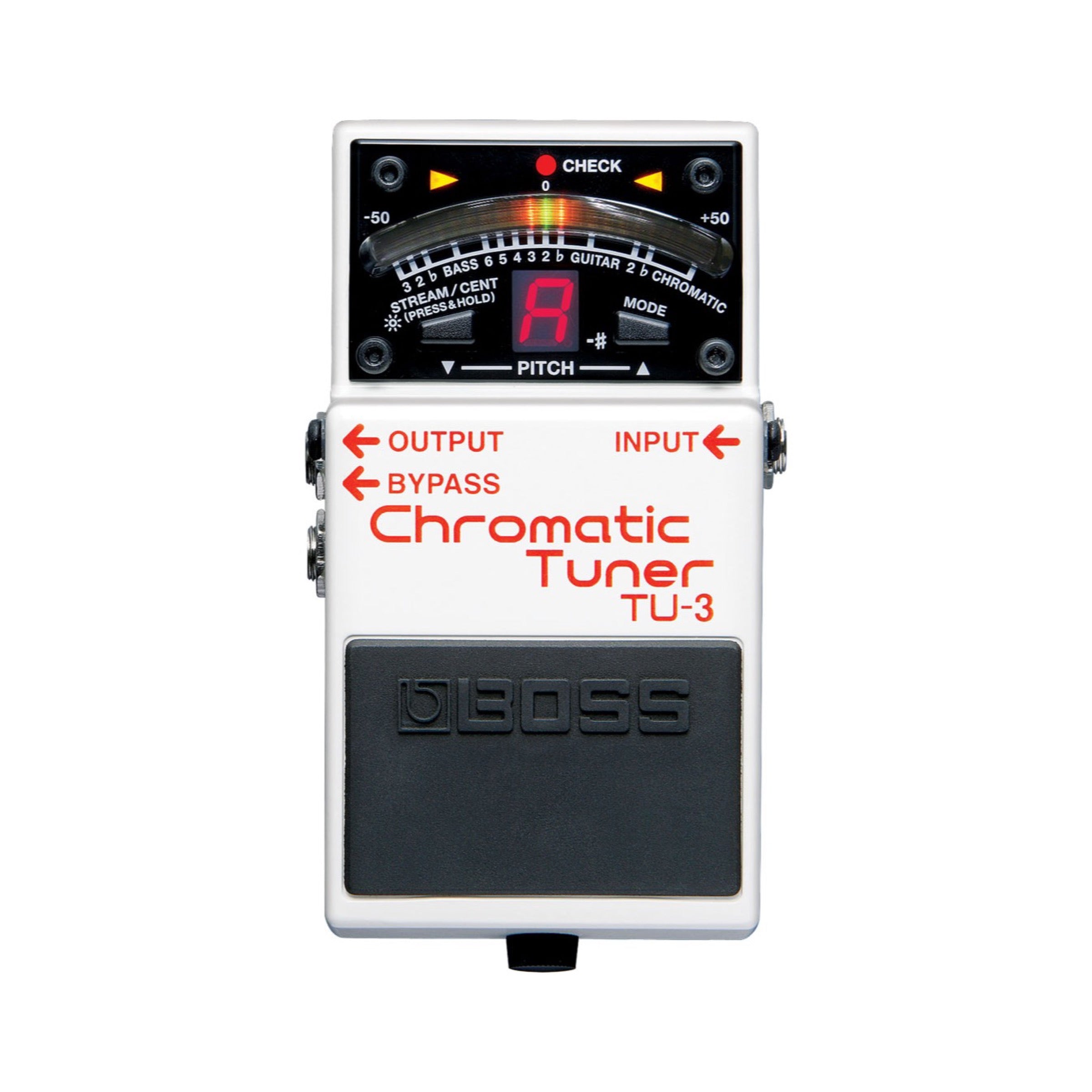 Boss TU-3 Chromatic Tuner pedal, compact enclosure with MODE and STREAM/CENT buttons