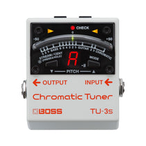 Boss TU-3S pedal, compact enclosure with MODE and STREAM/CENT buttons.