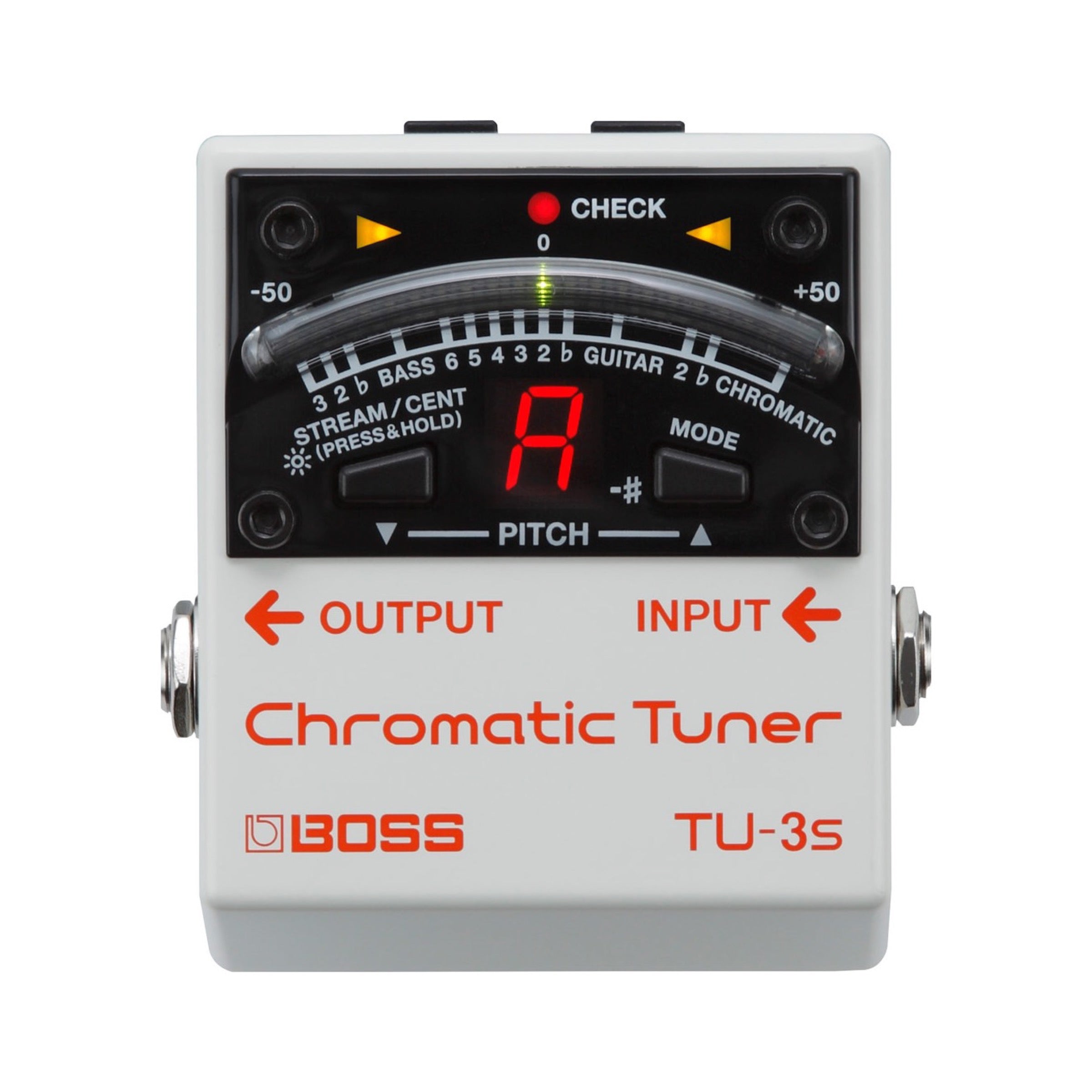 Boss TU-3S pedal, compact enclosure with MODE and STREAM/CENT buttons.
