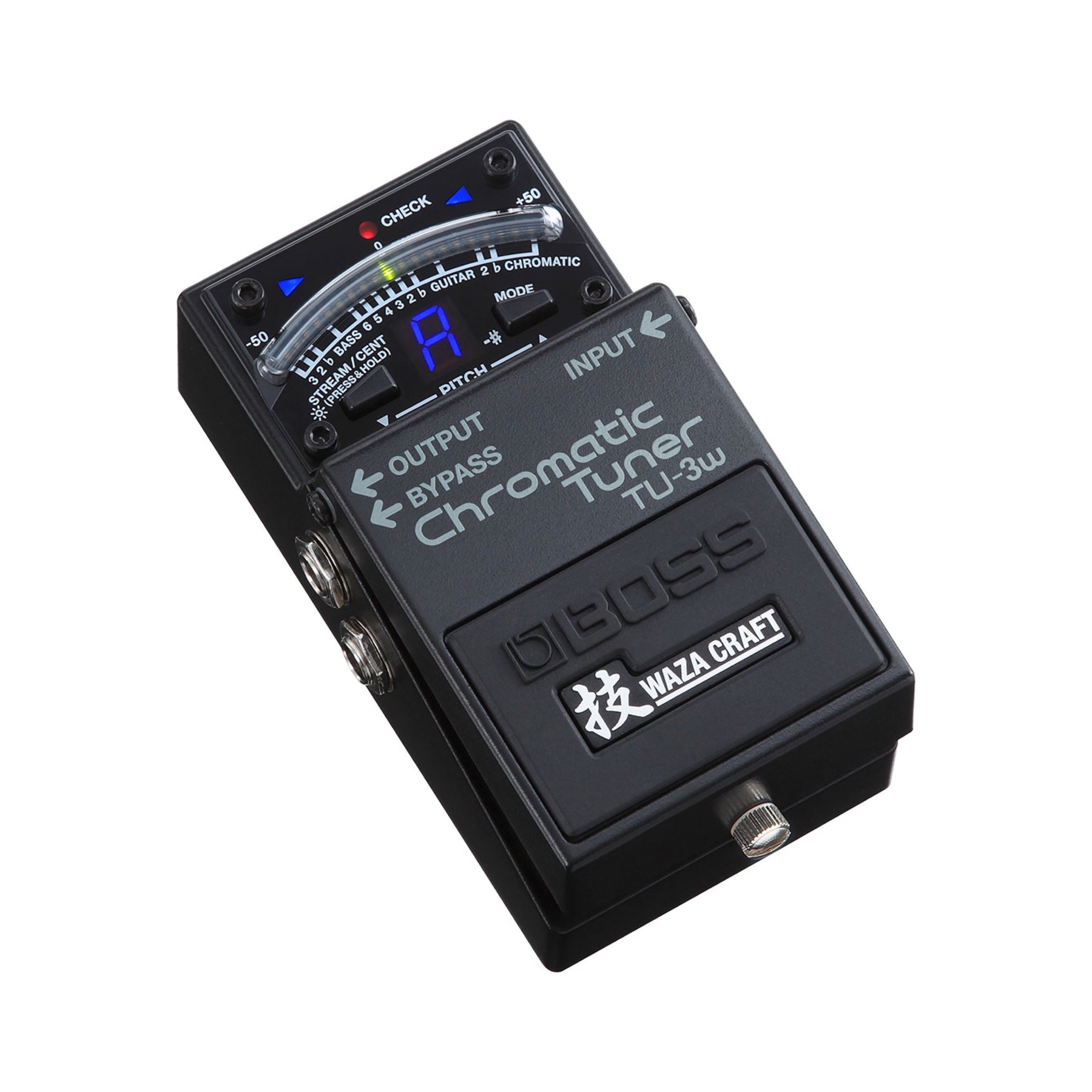 Boss TU-3W Chromatic Tuner angled three-quarter view showing the Output and Bypass jacks on the side