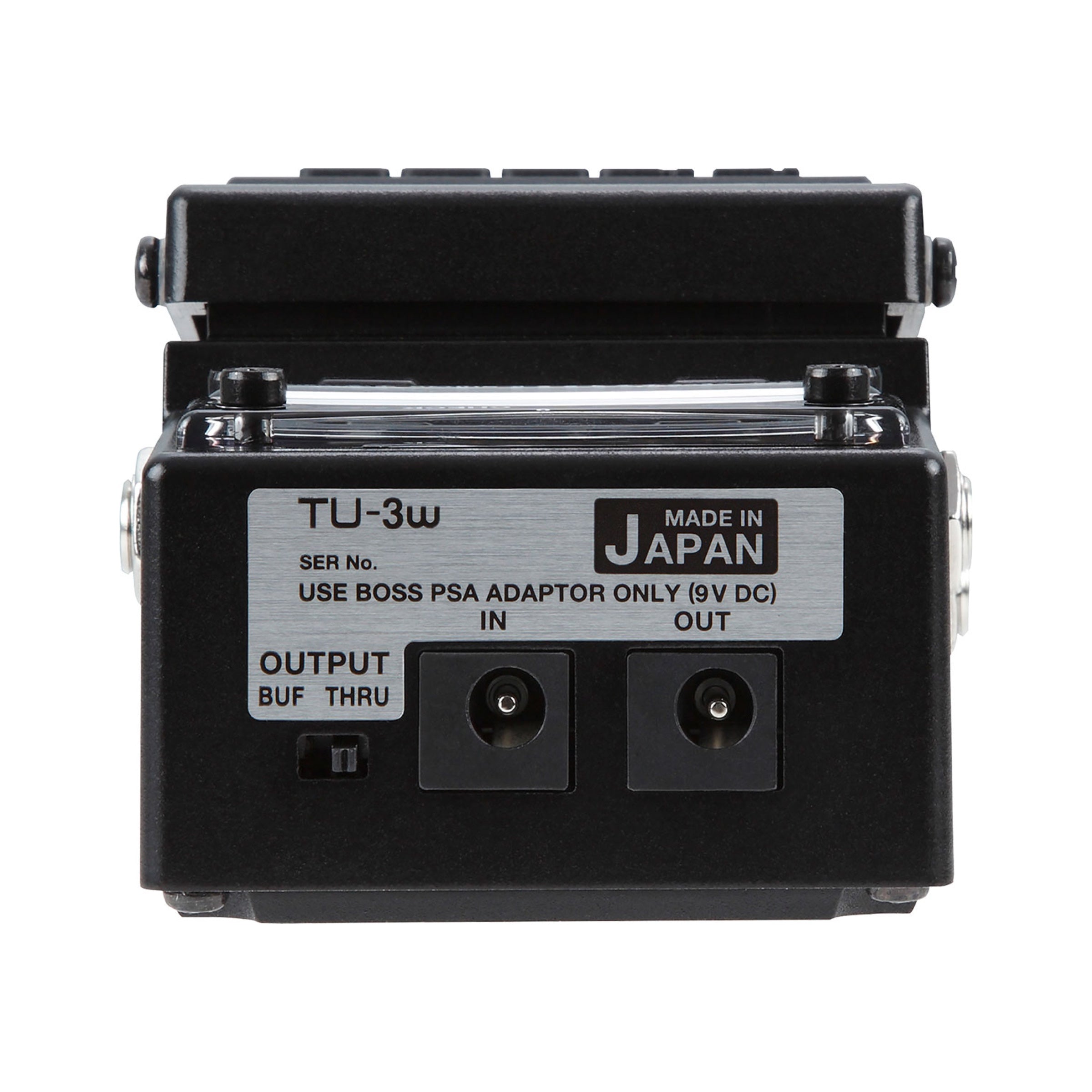 Boss TU-3W rear panel with the buffered/true bypass switch, Made in Japan plate, DC In and DC Out jacks