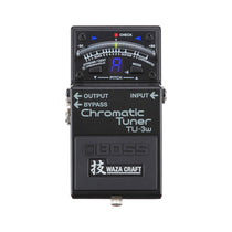 Boss TU-3W Waza Craft Chromatic Tuner, black enclosure, top view showing the 21-segment LED meter, note display and Mode and Stream/Cent buttons