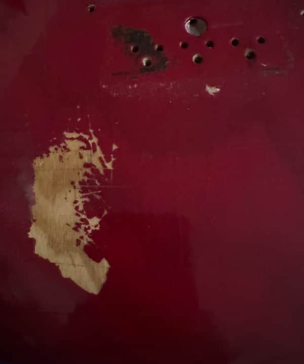 Late 70s Fender Lead Body Red - front finish wear close-up - Pauls Guitar Hideout