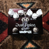 Wampler Dual Fusion V2, Red Sparkle: top with each channel's Gain, Volume and Tone knobs, the three toggle switches and the two footswitches