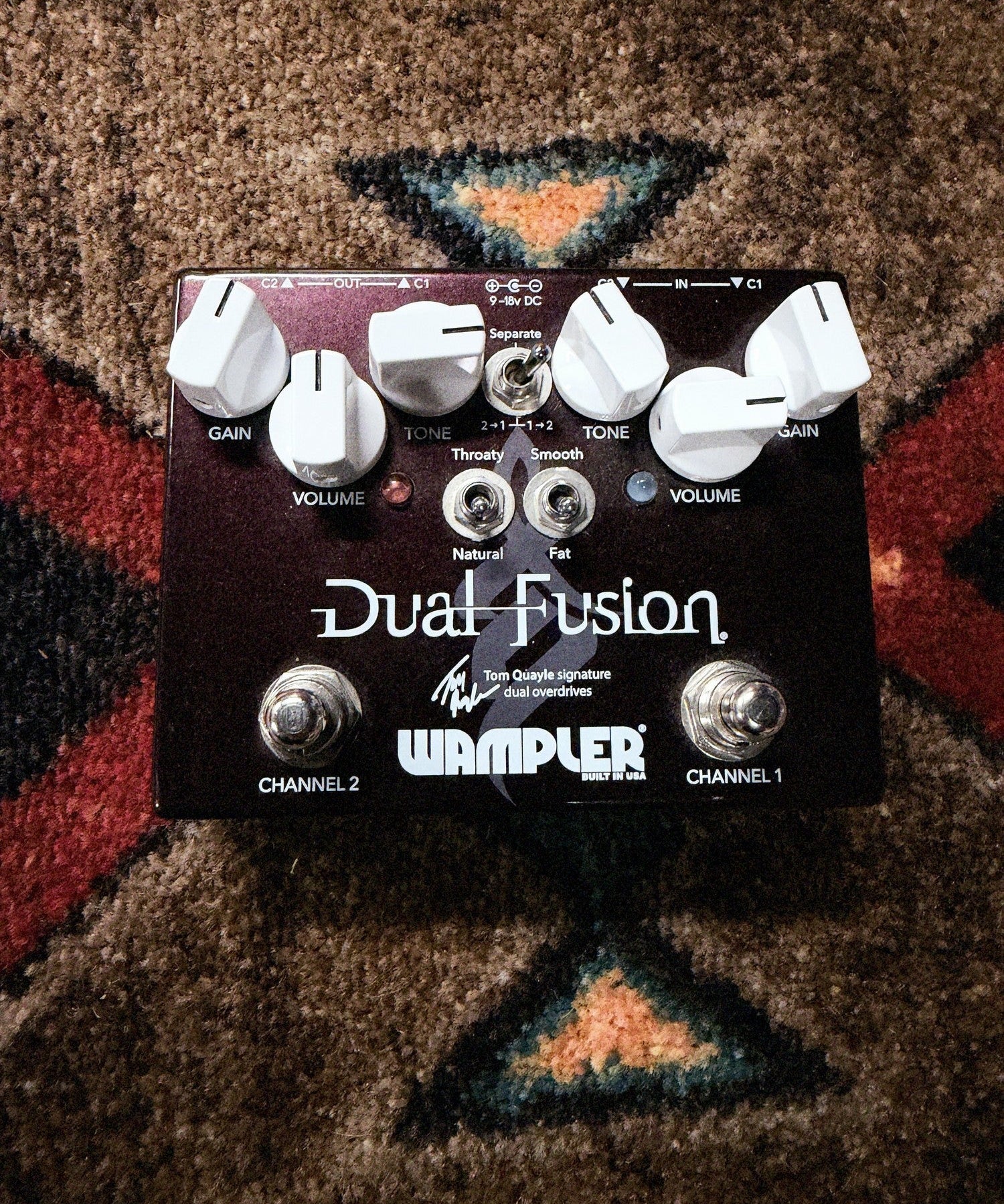 Wampler Dual Fusion V2, Red Sparkle: top with each channel's Gain, Volume and Tone knobs, the three toggle switches and the two footswitches