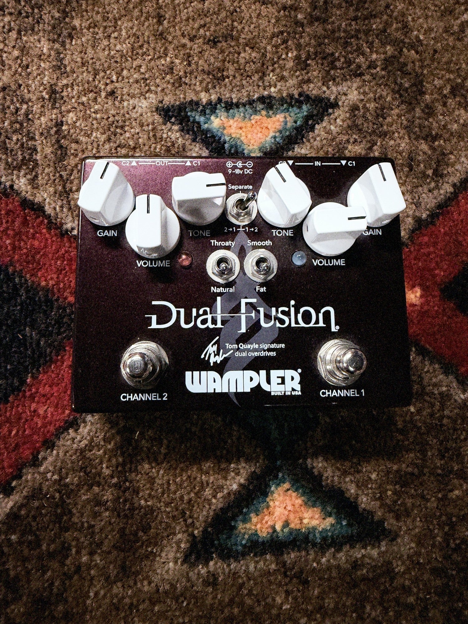 Wampler Dual Fusion V2, Red Sparkle: top with each channel's Gain, Volume and Tone knobs, the three toggle switches and the two footswitches