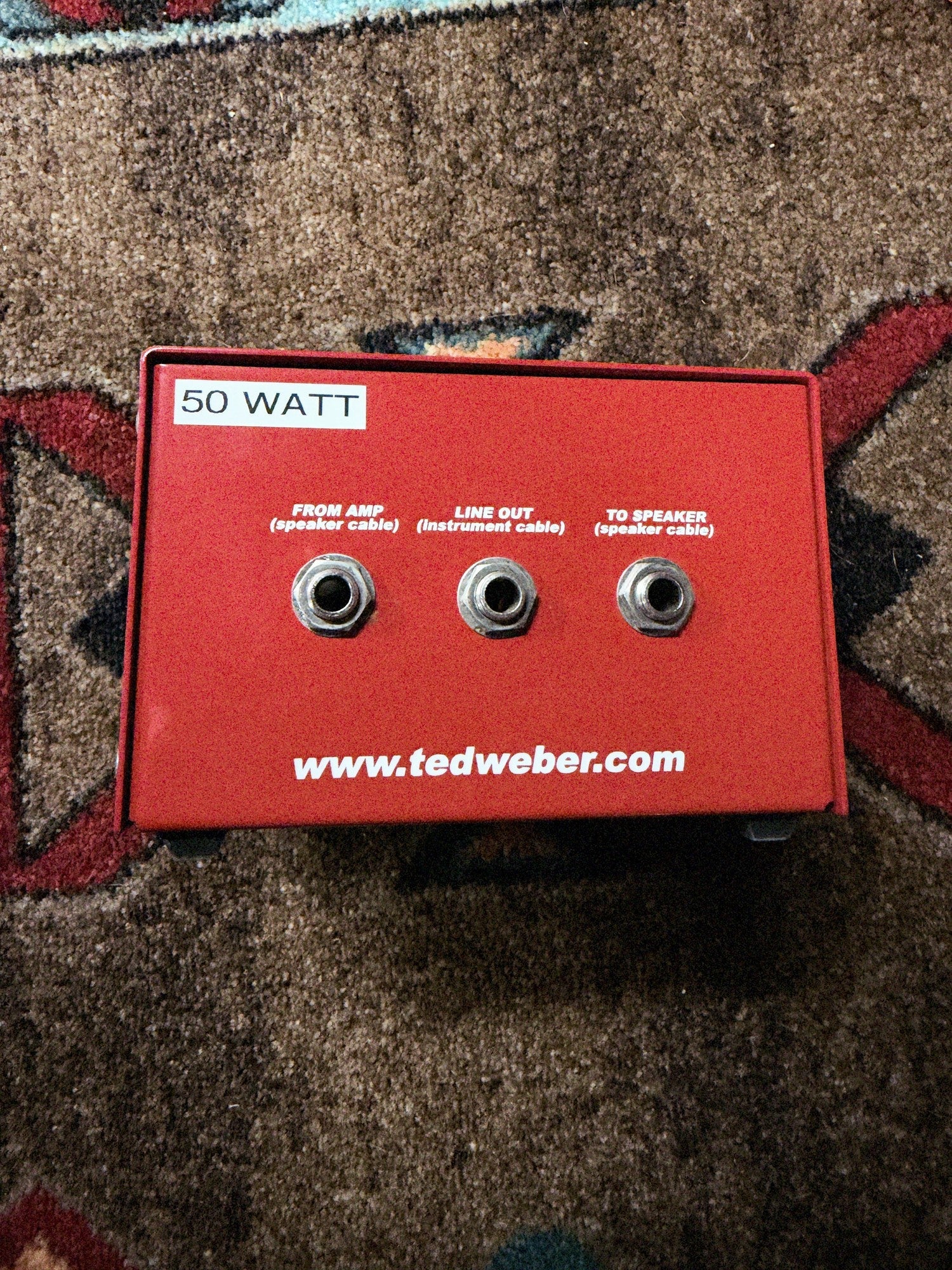 Weber MiniMASS 50-watt attenuator, red: back panel with the From Amp, Line Out and To Speaker jacks and the 50 Watt label