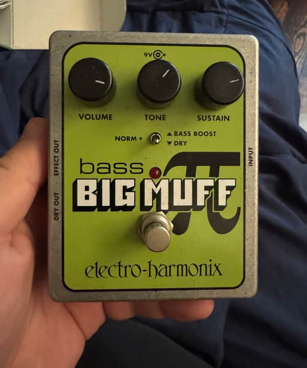 2008 Electro-Harmonix Bass Big Muff Pi - pedal top view with knobs and footswitch - Pauls Guitar Hideout